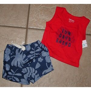 NEW NWT Boys Sz Newborn Blue Print Shorts & Red Sleeveless Shirt 2 Pc Outfit